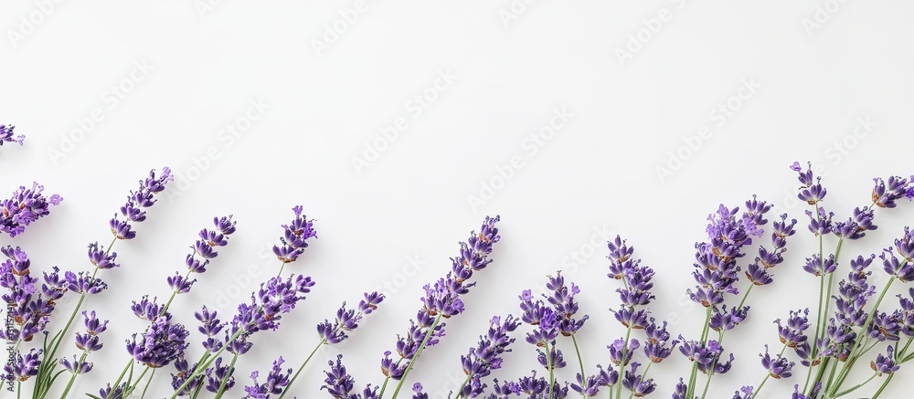Poster delicate lavender flowers in shades of purple arranged on a white background with ample space for te