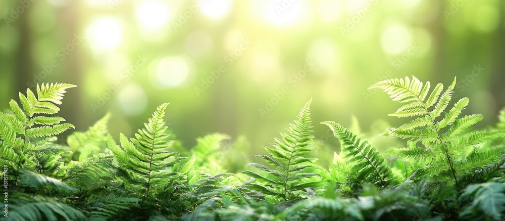 Poster lush green ferns in the foreground with a soft, blurred green bokeh background creating a serene and