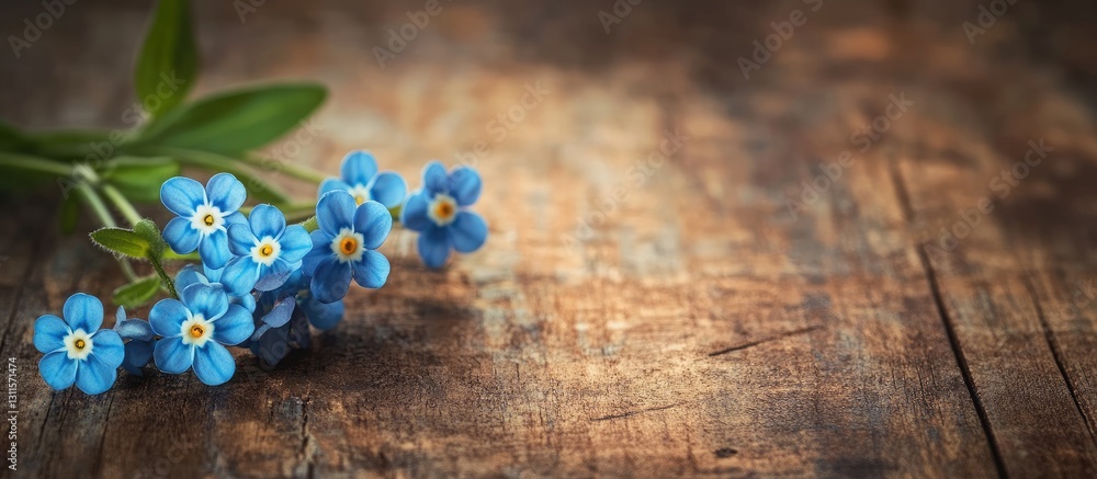 Poster blue forget-me-not flowers arranged on a rustic wooden table with green leaves on the left and space