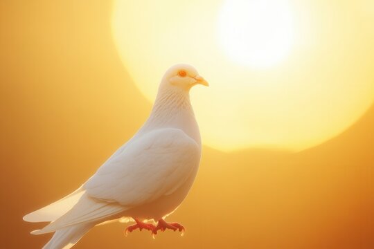 Minimalist design of a white dove silhouette against a glowing golden sun backdrop during sunset