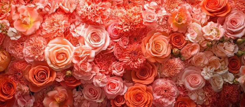 Floral arrangement featuring shades of living coral with roses and assorted flowers creating a vibrant backdrop in a textured top view composition