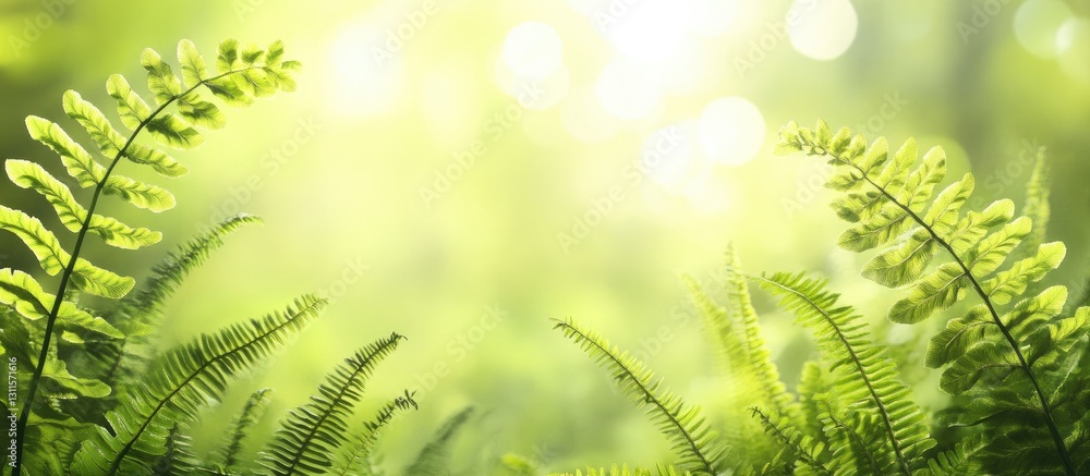 Poster vibrant green ferns gracefully arching on a soft glowing bokeh background with diffused light creati
