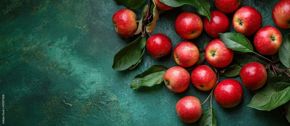 Aufkleber fresh red crabapples with leafy stems arranged on a textured green background creating a vibrant con