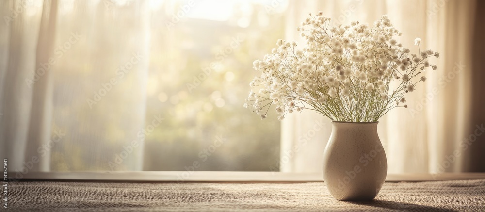 Poster vase of delicate gypsophila flowers on a textured table with soft light through sheer curtains creat
