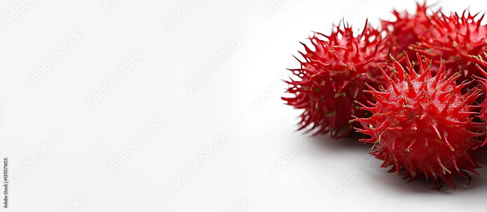 Poster close-up macro shot of vibrant red rambutan fruit peels clustered on a white background with ample c