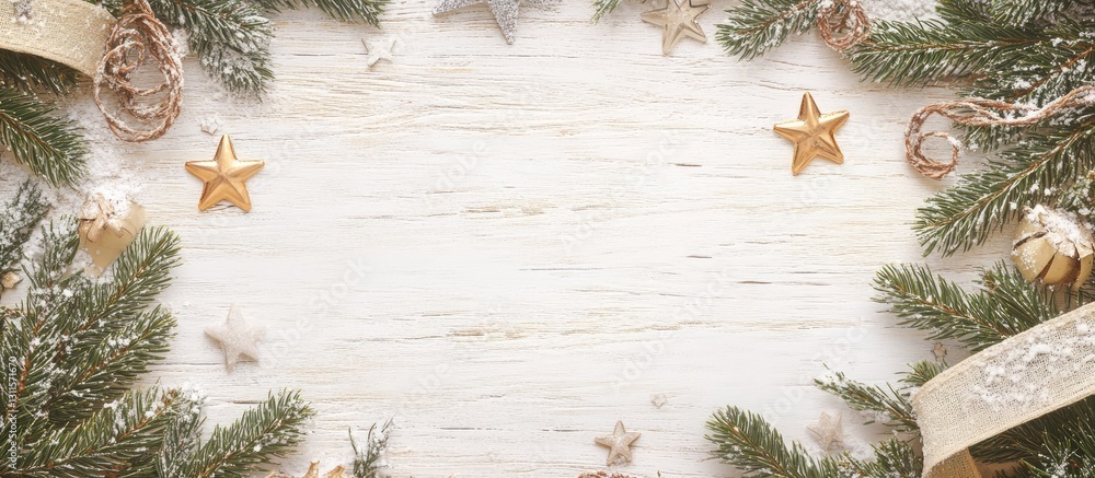 Poster light wooden textured background with spruce branches and golden toy stars framing a central empty s