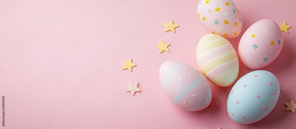 Poster pastel easter eggs in soft colors arranged on a light pink background with scattered stars creating 
