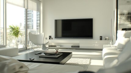 Modern white apartment living room sunlight TV