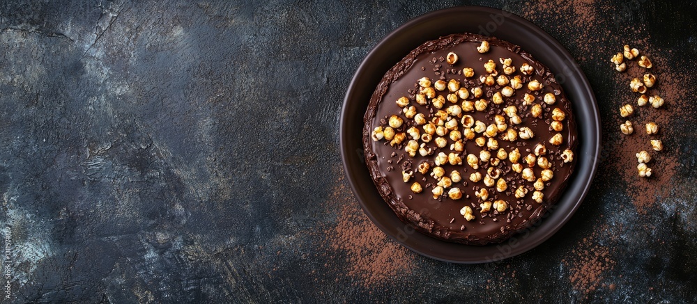 Poster luxurious dark chocolate cake topped with golden caramelized popcorn on a textured dark background w