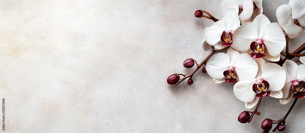 Poster elegant composition of white and deep red phalaenopsis moth orchids on a neutral textured background