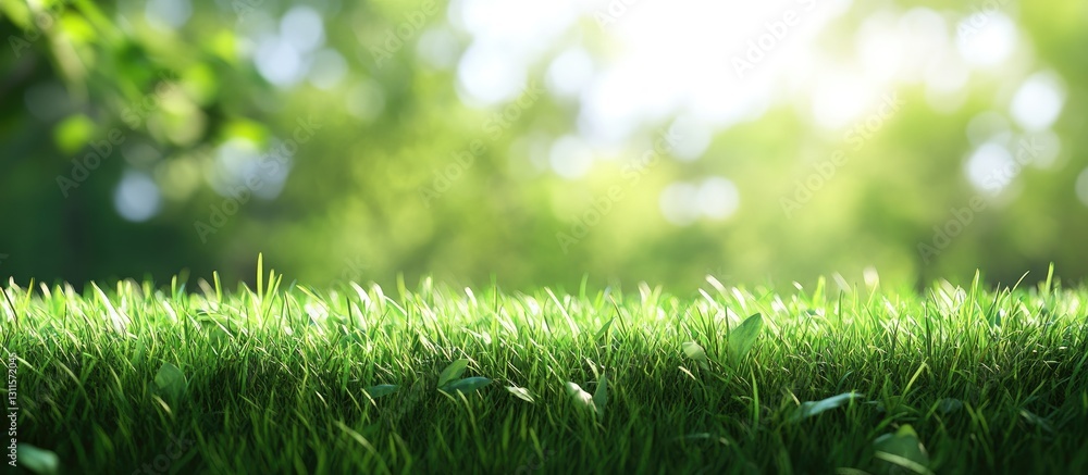 Poster lush green grass field illuminated by soft sunlight with a blurred background of out-of-focus greene