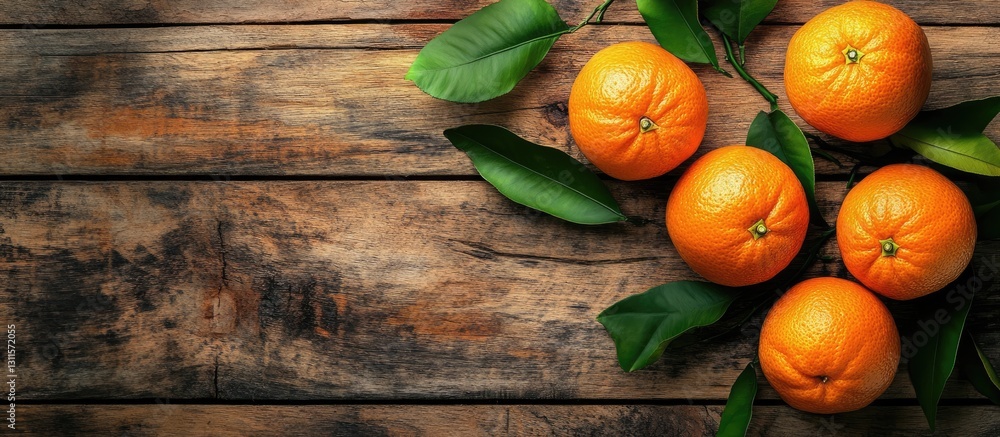 Poster fresh mandarin oranges with vibrant green leaves arranged on a rustic wooden surface top view with a