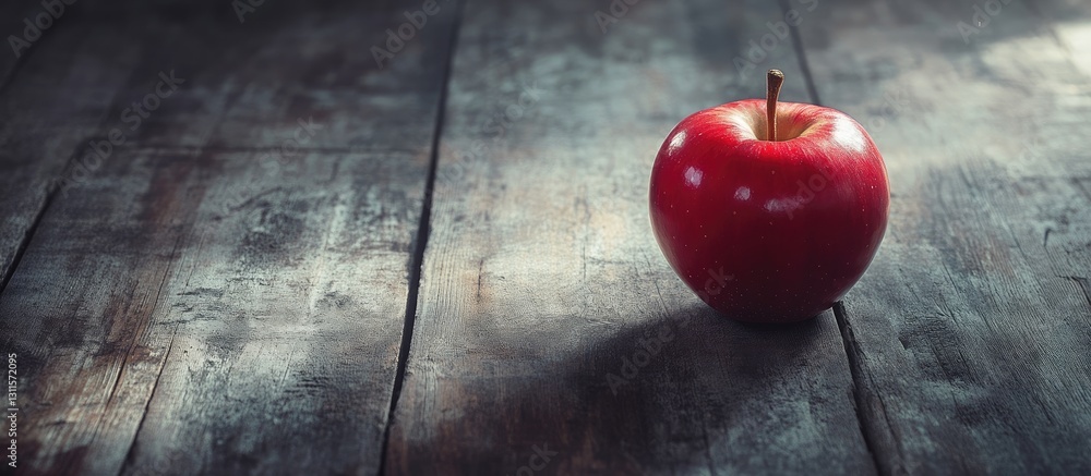 Poster red apple positioned on the right side of a rustic dark wooden table with shadowy textures and warm 