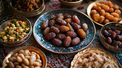 Fototapeta premium A vibrant display of assorted dates and traditional dishes on an ornate tablecloth, showcasing cultural cuisine