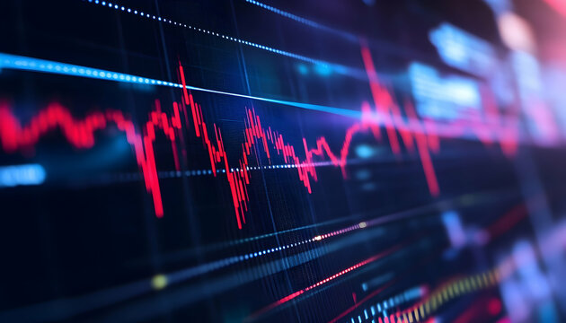 A close-up of a stock market chart with moving averages and trend lines  -