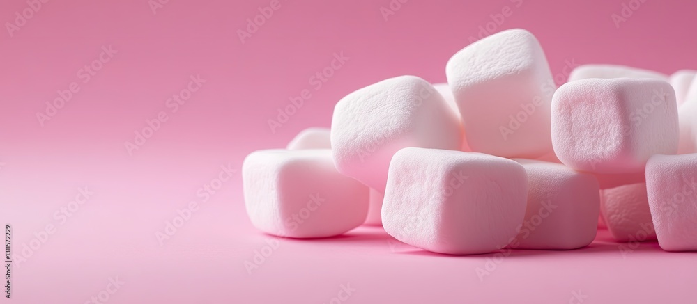 Poster marshmallows piled on a soft pink background with ample copy space for text in the foreground illumi