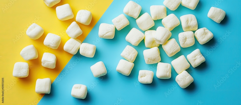 Poster white marshmallows scattered across a blue and yellow diagonal backdrop creating contrast with vibra