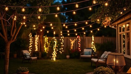 Cozy backyard illuminated by soft string lights, inviting, festive, evening