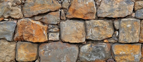 Obraz premium Rustic masonry wall featuring irregularly shaped stones in earthy tones of orange, brown, and gray, arranged in a sturdy, textured pattern.