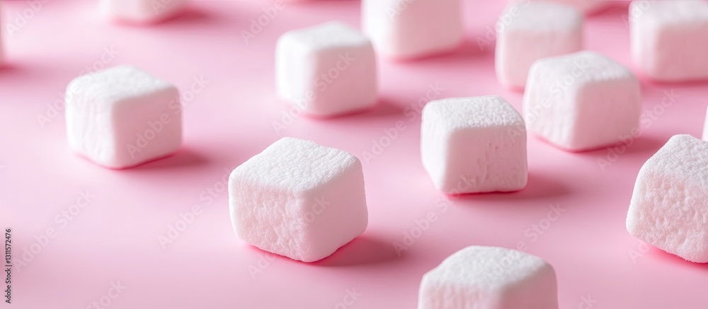 Poster scattered white marshmallows on a soft pink backdrop with ample copy space highlighting a sweet and 