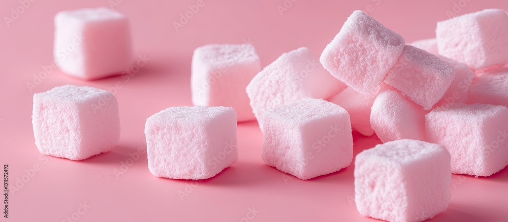 Poster delicate pink marshmallows scattered on a soft pastel backdrop creating an inviting composition with
