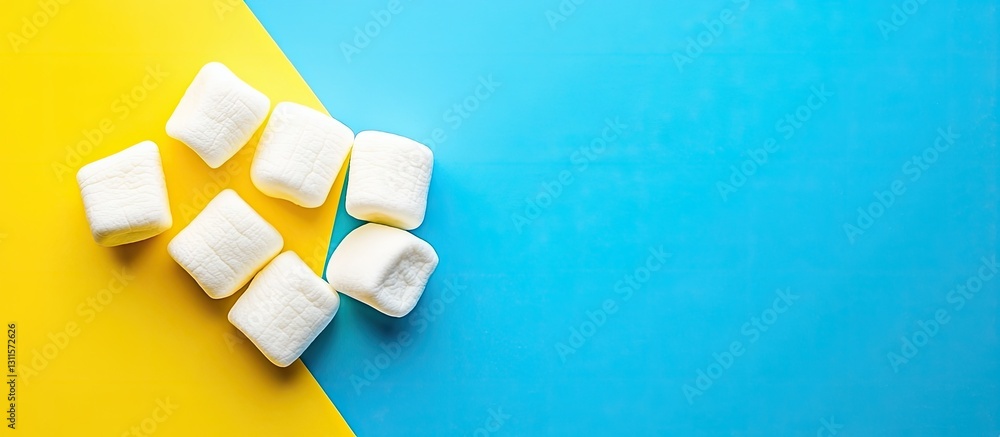 Poster marshmallows arranged on blue and yellow diagonal backdrop vibrant colors with negative space for de
