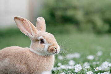 Fototapeta premium Soft furred rabbit surrounded by delicate white flowers, creatin