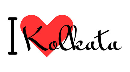 I love Kolkata, city of India. Hand drawn letters with red heart. Vector illustration lettering, modern design