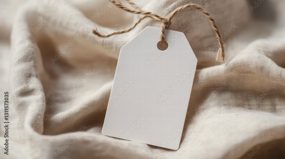 Poster blank label on natural linen: a plain, blank label with a rustic twine string rests elegantly on tex
