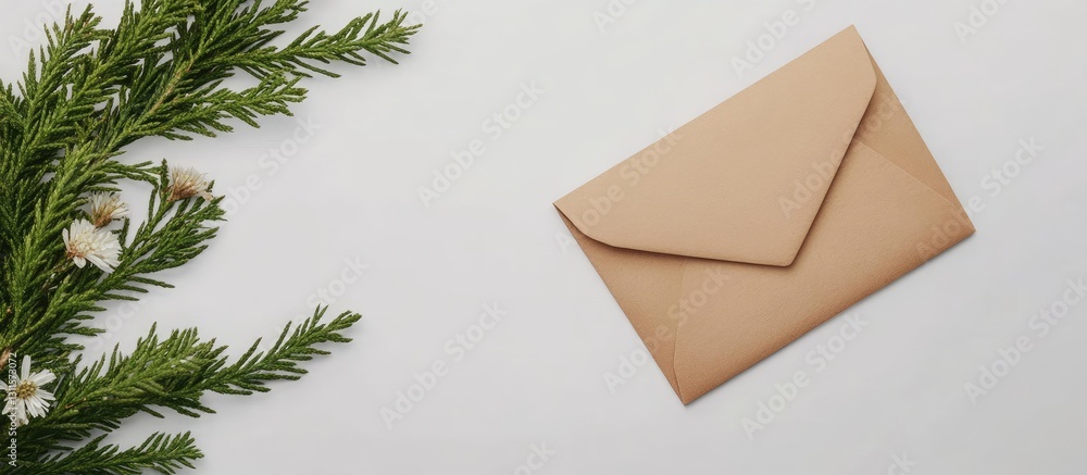 Poster minimalist top view of a beige envelope with a triangular flap on a light background, complemented b