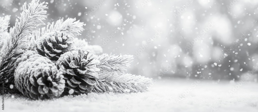 Aufkleber snowy pinecones and fir branches in monochrome against a soft blurred winter background with falling