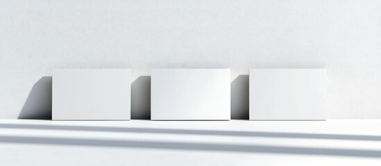 Three minimalist blank business cards arranged horizontally on a white textured surface with soft shadows creating depth and subtle contrast.