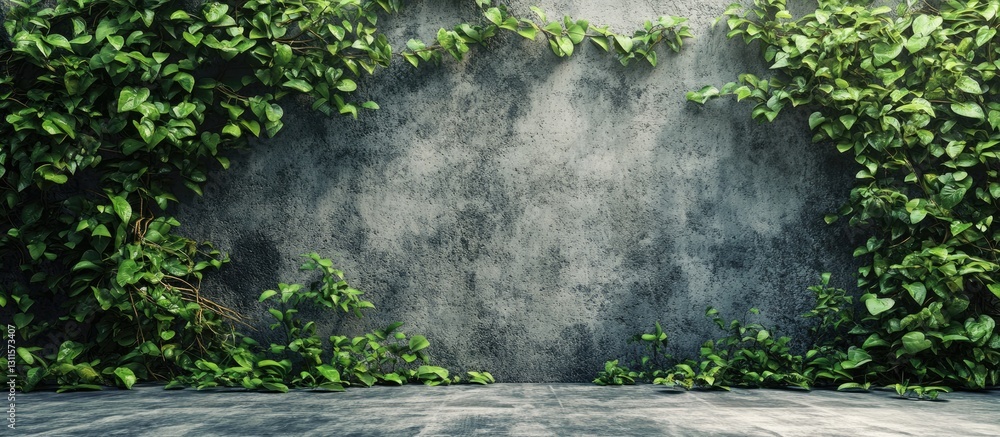 Poster lush green vines frame a textured gray wall in a serene natural backdrop with a stone floor, creatin