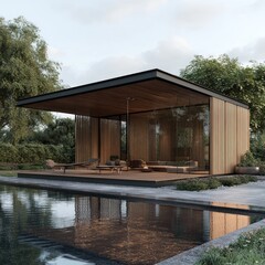Obraz premium Modern poolside pavilion with glass walls and wooden accents.