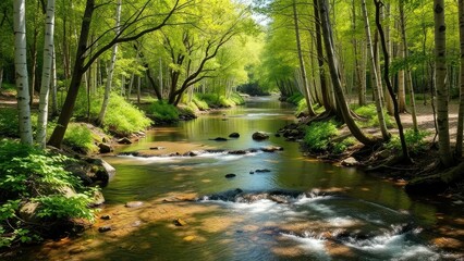 Obraz premium Crystal clear brook meanders through aspen grove, tree, leaves