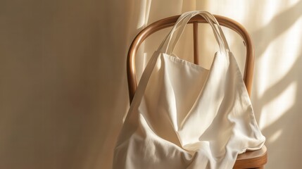 Eco-Friendly Tote Bag: A simple, eco-friendly tote bag casually draped over the back of a wooden chair, casting soft shadows across a textured surface.