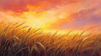 Obraz premium Golden Wheat Field Under Vibrant Sunset Sky with Fiery Orange and Soft Pink Clouds in Rural Landscape