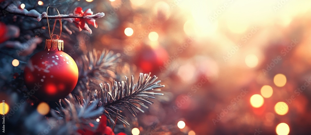 Poster red christmas ornament hanging on evergreen branches with soft bokeh lights in the background, creat
