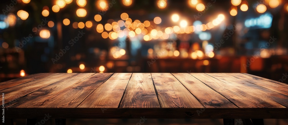 Poster empty brown wooden table in diagonal view with warm blurred bokeh lights from a bar in the backgroun