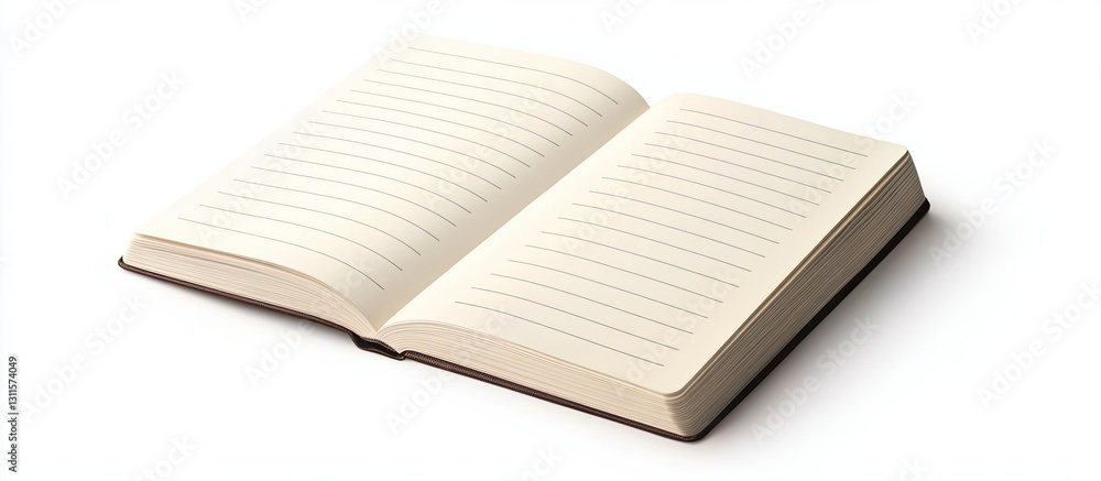 Poster open beige notebook with lined pages centered on a clean white background showcasing the blank inter