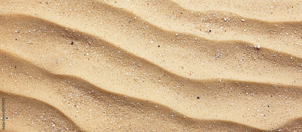 Poster top view of smooth beige beach sand with gentle waves and tiny pebbles creating a minimalist texture