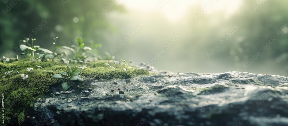 Poster lush green moss-covered rock in misty forest with soft sunlight filtering through trees creating ser