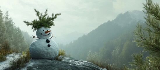 Humorous snowman with pine branches on a rocky mountainside surrounded by misty greens and grays creating a serene winter ambiance with copy space