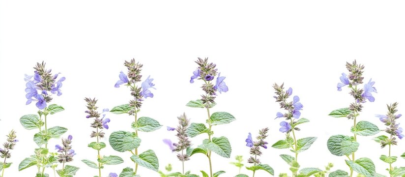 Purple flowering Nepeta racemosa plants with green leaves arranged symmetrically on a white background creating a serene and calming atmosphere
