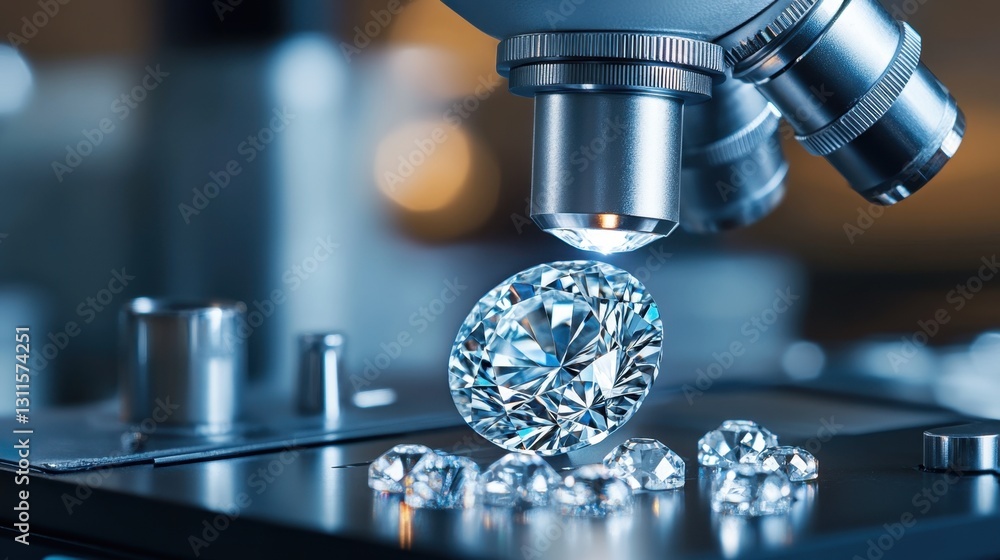 Poster a digital microscope displaying the intricate facets of a diamond.