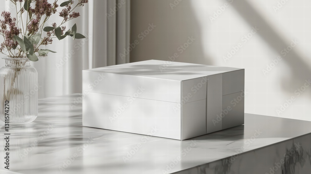 Poster minimalist elegance: a pristine, rectangular box sits gracefully on a marble surface, with subtle li