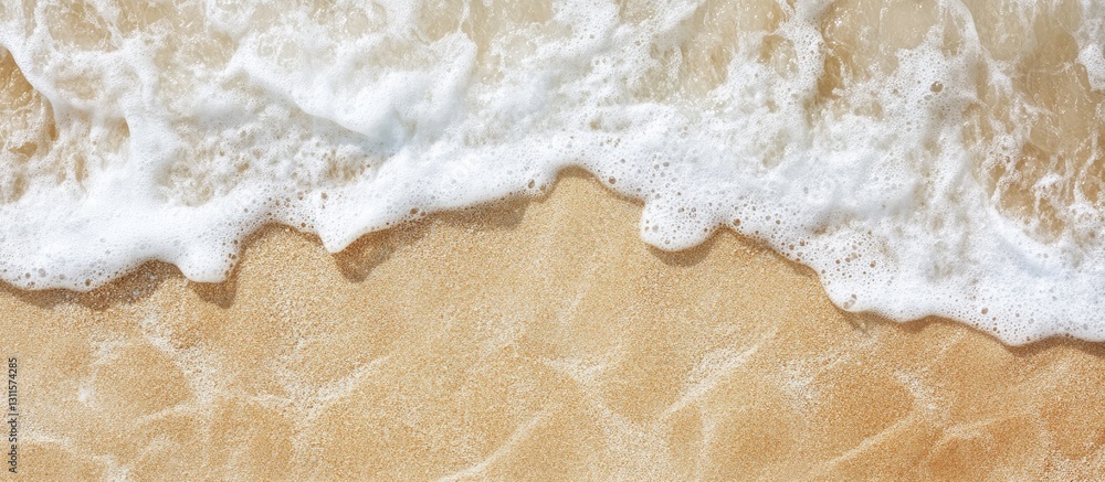 Poster top view of smooth golden sand with gentle white waves forming patterns; a minimalist beach scene id