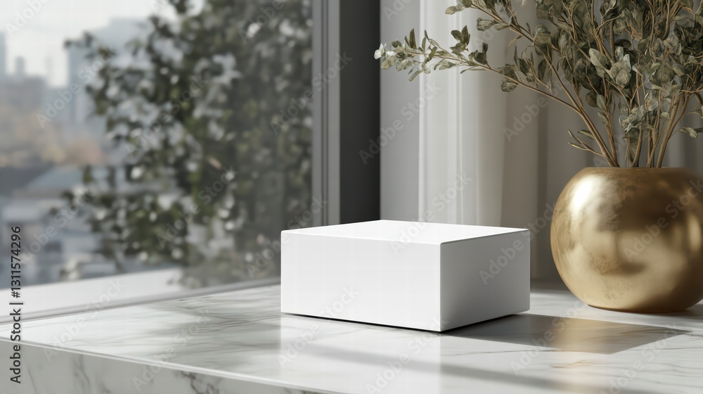 Poster product display by window: a minimalist product display box sits on a marble windowsill, beside a st