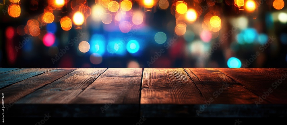 Poster diagonal brown wooden table with bokeh lights in warm tones from a nightclub bar in the background c