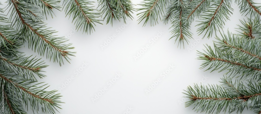 Poster fresh green pine branches arranged on a white background creating a natural frame with sharp detaile
